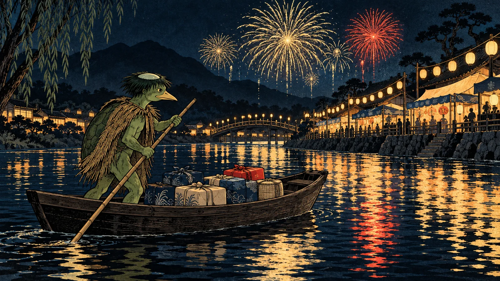 A summer night river festival: fireworks over the water, a small boat carrying wrapped parcels poled by a kappa, festival stalls on the bank under strings of lanterns