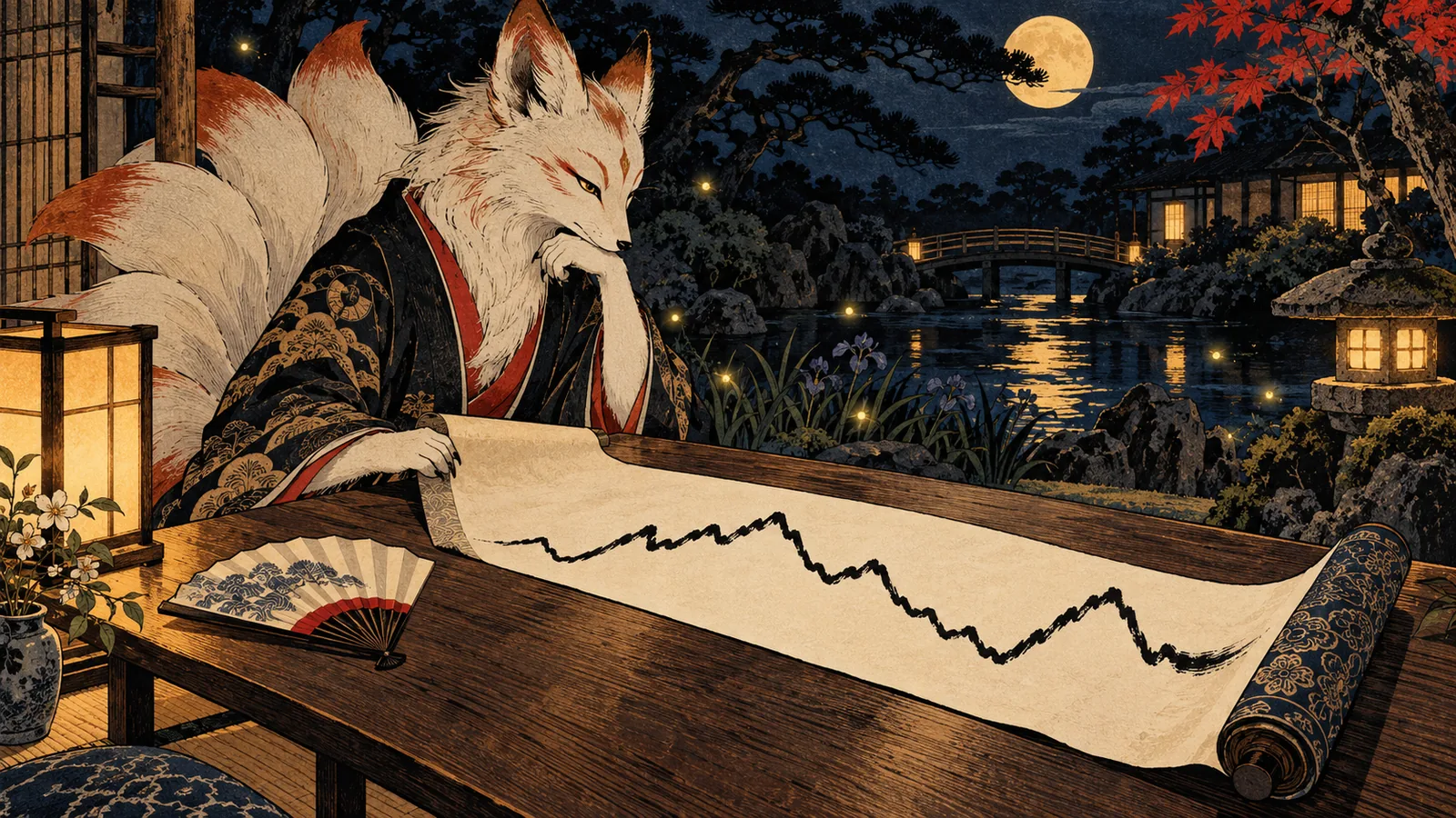 A kitsune studies a long scroll on which a single brush line rises and falls like a price chart, no numbers
