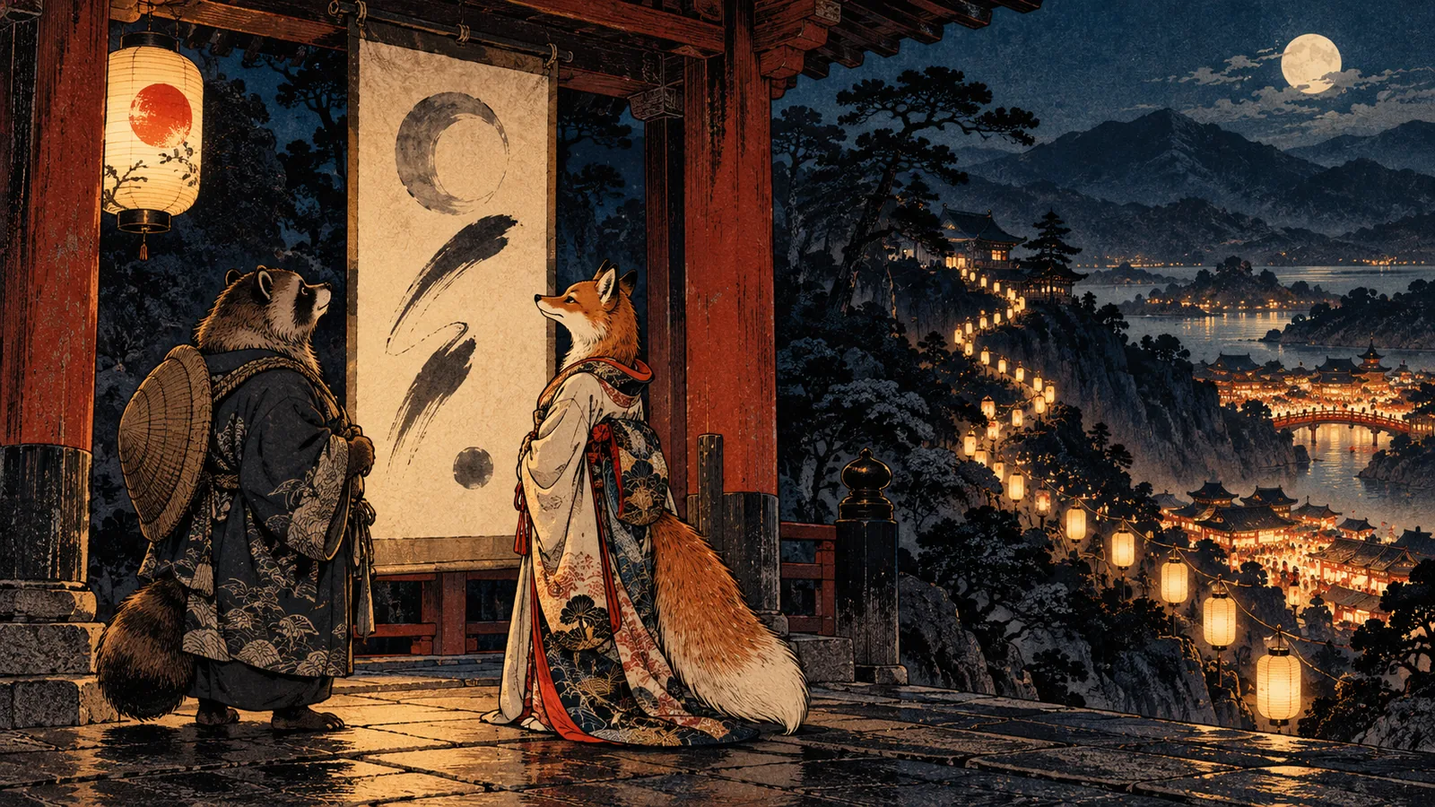 A tanuki and a fox stand before a tall hanging scroll calendar at a temple gate at night