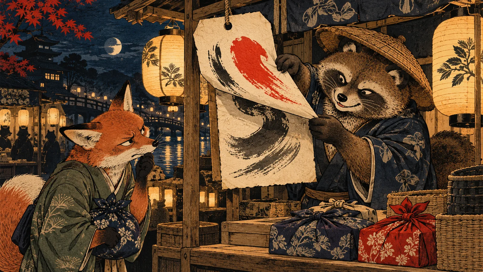 A tanuki shopkeeper at a night market stall peels back a paper price tag while a fox customer watches