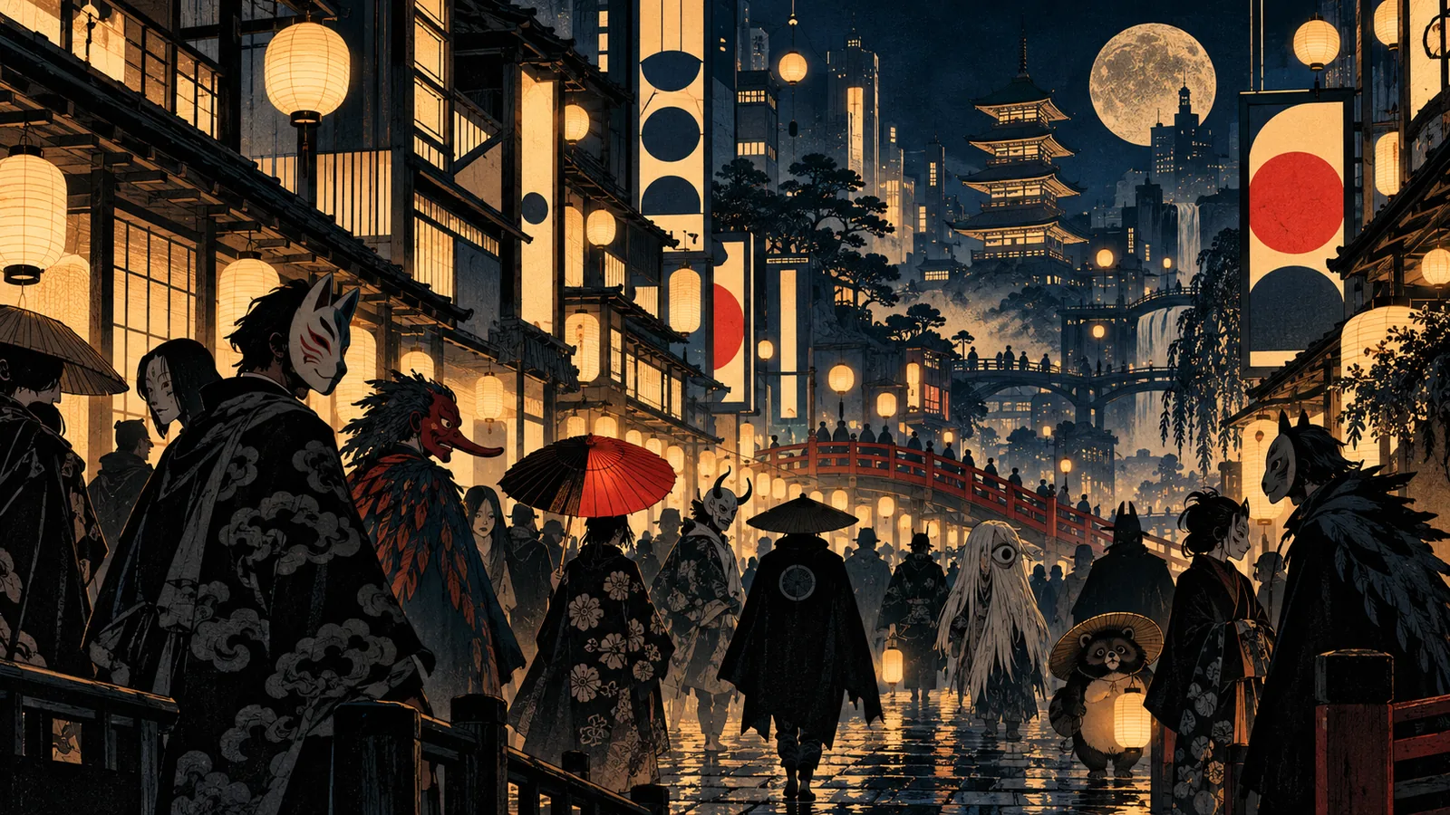 A modern Tokyo street at night drawn as a woodblock print: costumed silhouettes in yokai masks and capes walking under neon signs and paper lanterns, a few real yokai blending into the crowd