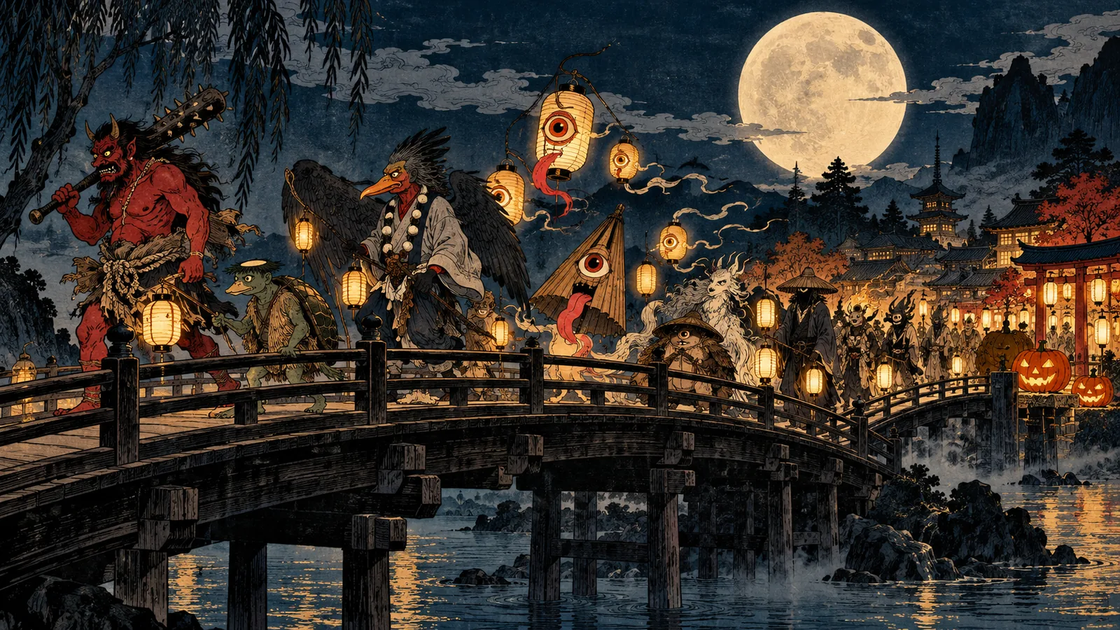 The Night Parade of One Hundred Demons crosses an arched wooden bridge under a full moon: oni, kappa, tengu, umbrella and lantern yokai