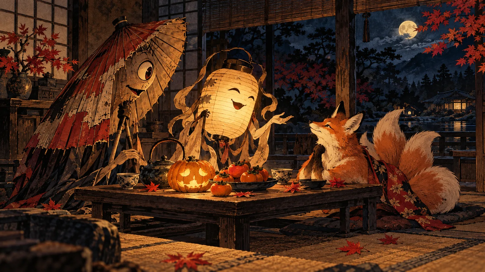 An autumn night in an old Japanese house where an umbrella yokai, a lantern yokai and a kitsune gather around a table with a carved pumpkin