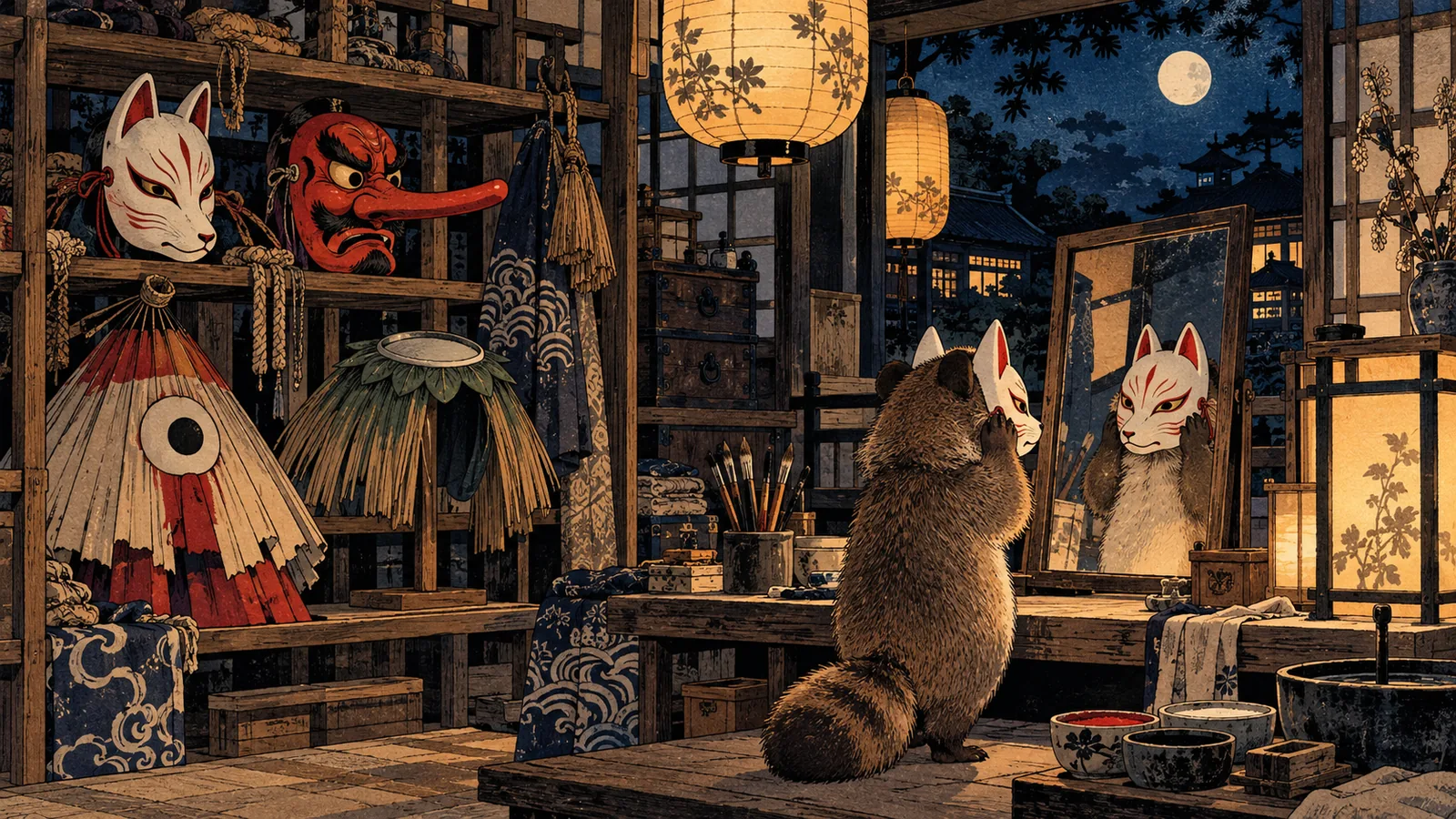 A costume workshop at night with kitsune, tengu, umbrella and kappa masks, and a tanuki trying on a fox mask