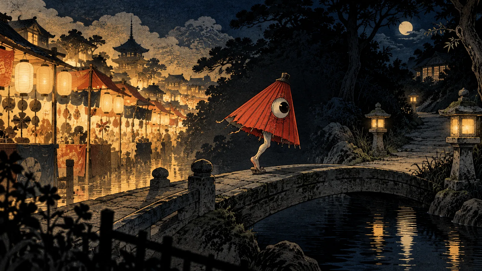 A kasa-obake umbrella yokai hops past a street of bright, crowded night stalls, choosing the quiet lantern-lit path home over a small bridge