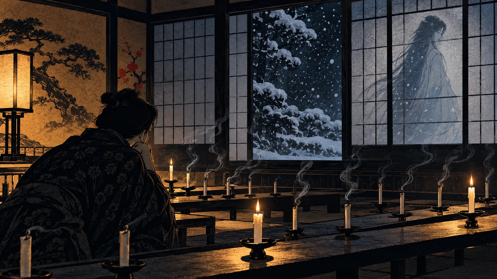 A hyakumonogatari storytelling room lit by rows of candles, with Yuki-onna's silhouette in the snow beyond the paper screen
