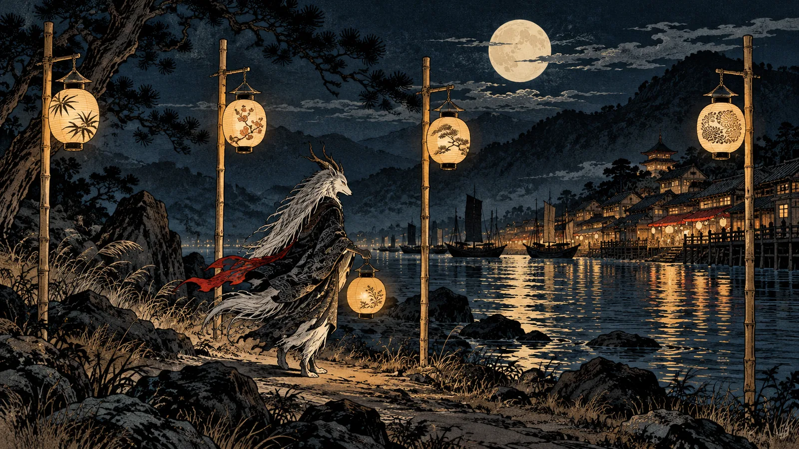 Four tall, separate bamboo poles stand upright in moonlight on a riverbank, each with one paper lantern