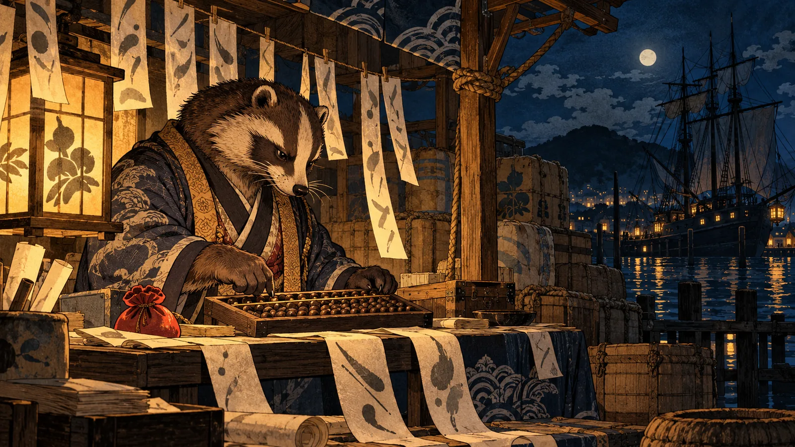 A mujina merchant counts on a wooden abacus at a harbour stall at night, long paper voucher strips with abstract brush marks hanging around him