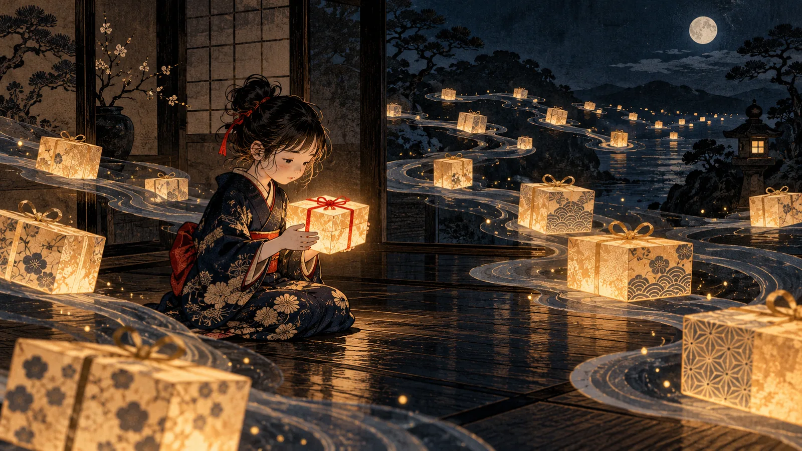 A small zashiki-warashi child chooses one wrapped box from many floating, glowing boxes in a dark room