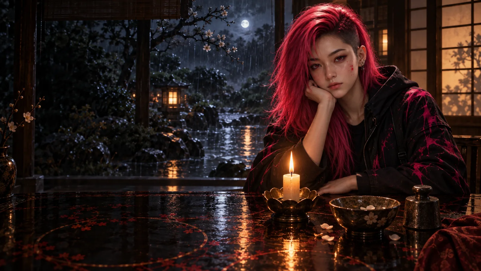 Nami at a candlelit lacquer table, a bowl and iron weight before a rainlit garden.